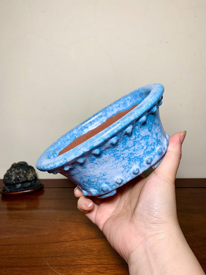 Ruri Blue Glaze Kiln-Transmuted Oval with Two Studded Bands Japanese Pot by Shuufu