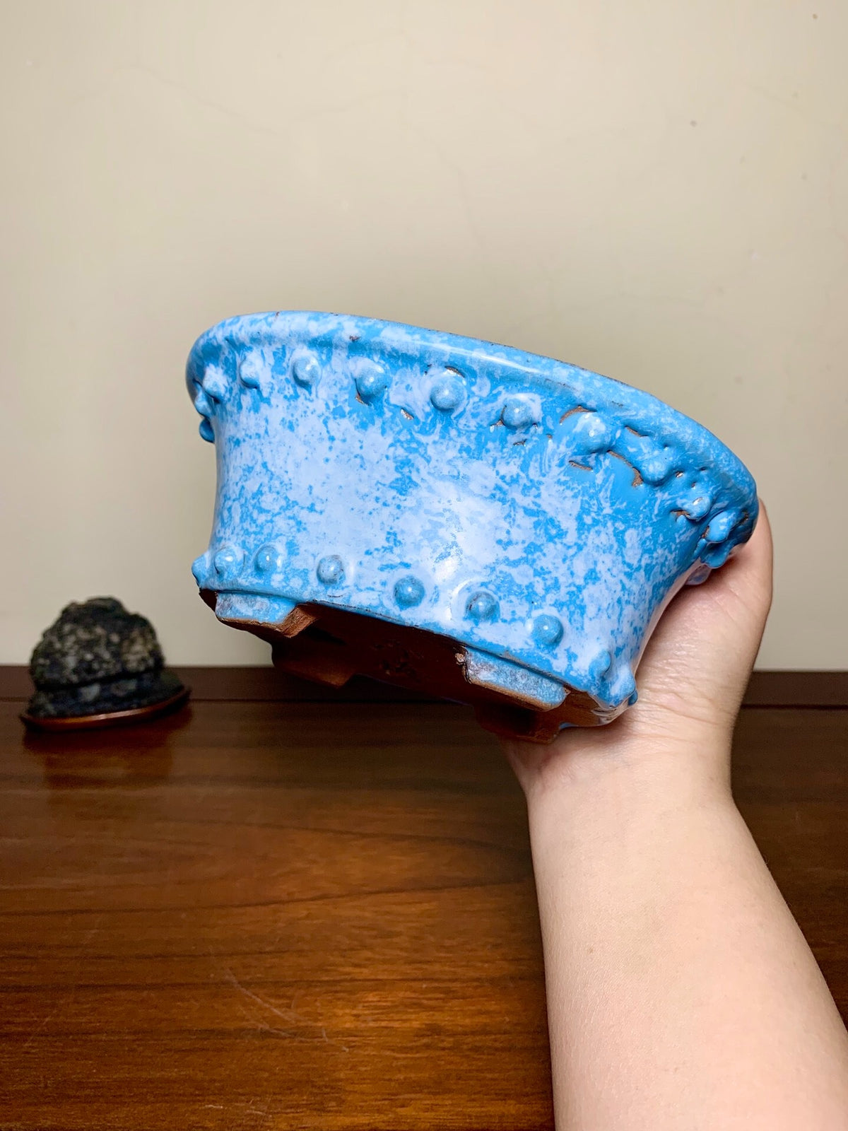 Ruri Blue Glaze Kiln-Transmuted Oval with Two Studded Bands Japanese Pot by Shuufu