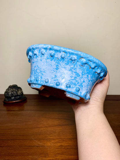 Ruri Blue Glaze Kiln-Transmuted Oval with Two Studded Bands Japanese Pot by Shuufu
