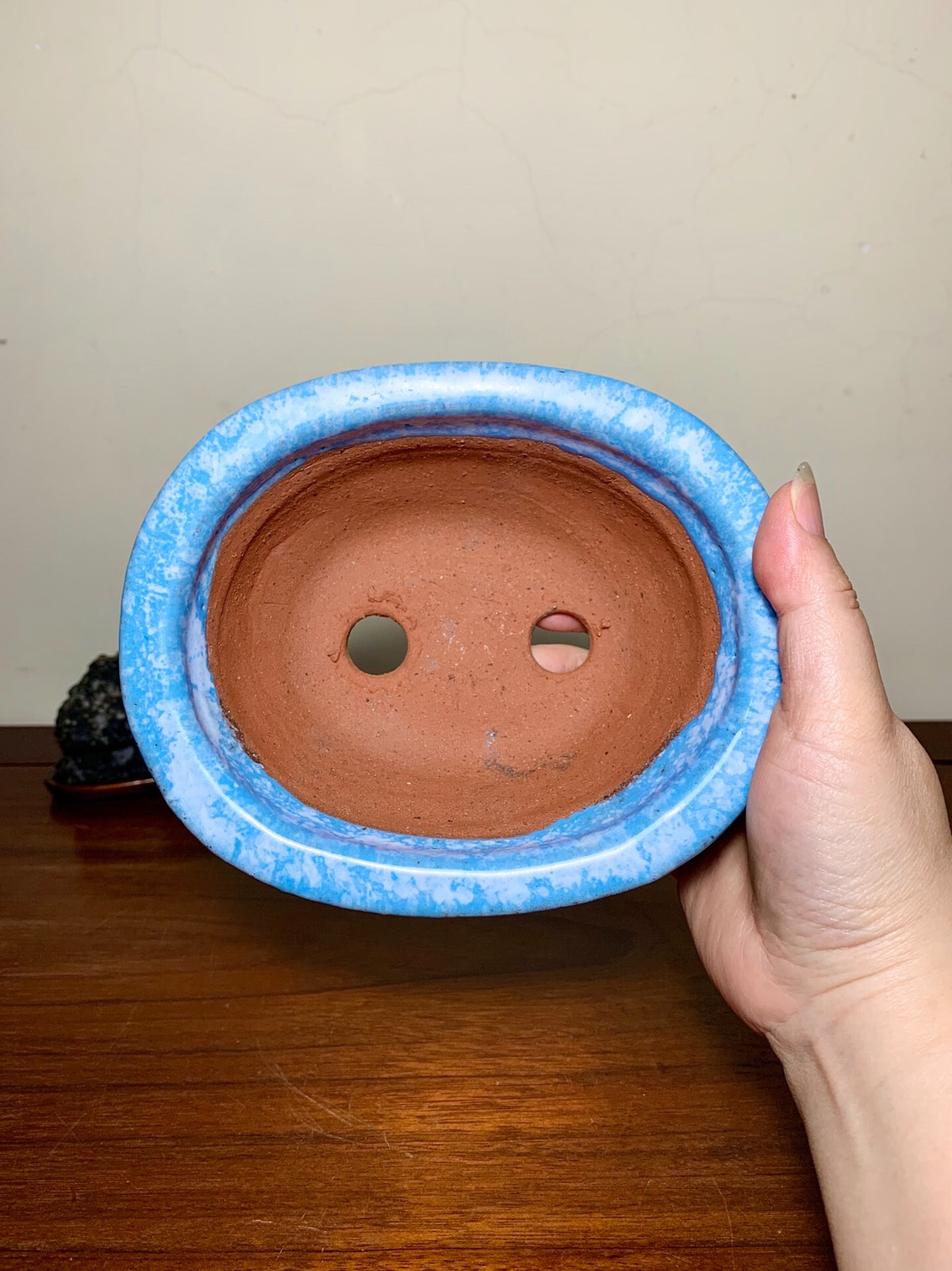 Ruri Blue Glaze Kiln-Transmuted Oval with Two Studded Bands Japanese Pot by Shuufu