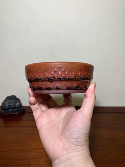 A hand holds a small, round, brown-glazed ceramic pot with black crackle patterns near the base.