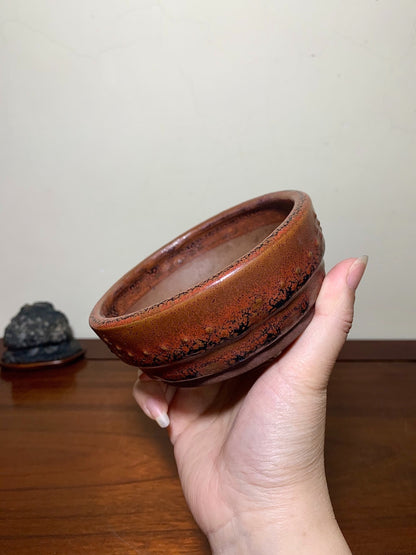 Tao Tsui Shinsha Copper-Red Glaze Kiln-Transmuted Studded Perfectly Round Japanese Pot