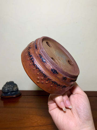 Tao Tsui Shinsha Copper-Red Glaze Kiln-Transmuted Studded Perfectly Round Japanese Pot