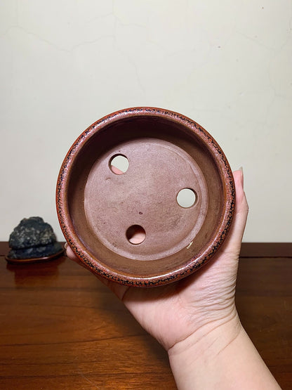 Tao Tsui Shinsha Copper-Red Glaze Kiln-Transmuted Studded Perfectly Round Japanese Pot