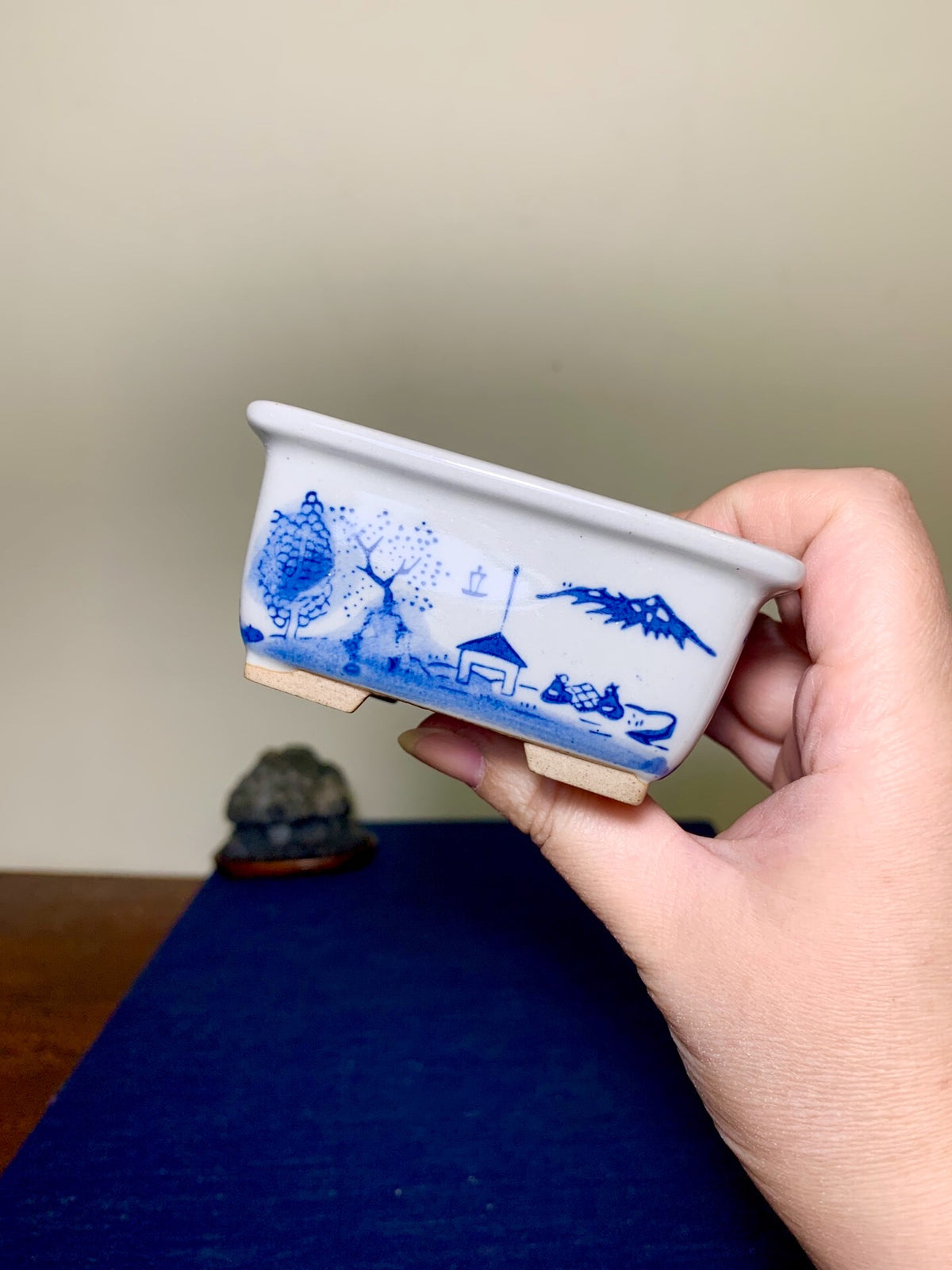 A hand holds a white ceramic bonsai pot with blue painted landscape scenes and a glossy finish.