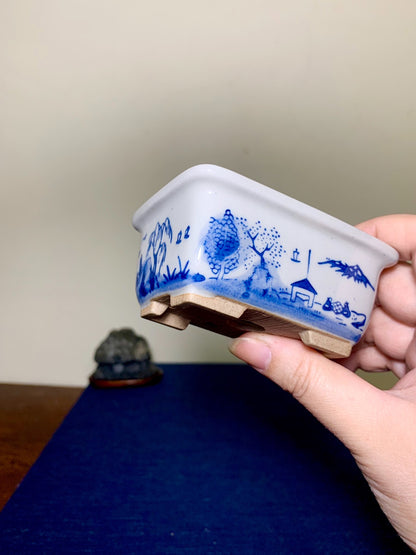 Tōsen, Small Rectangular Japanese Bonsai Pot, Landscape Motif by Marutou