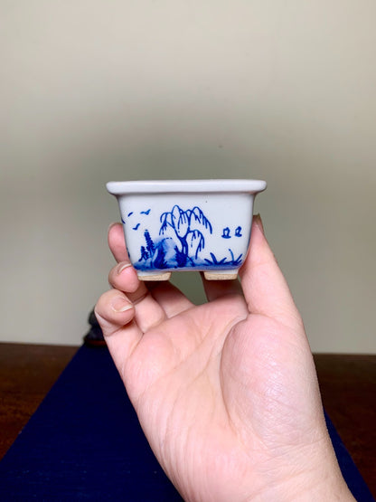 Tōsen, Small Rectangular Japanese Bonsai Pot, Landscape Motif by Marutou