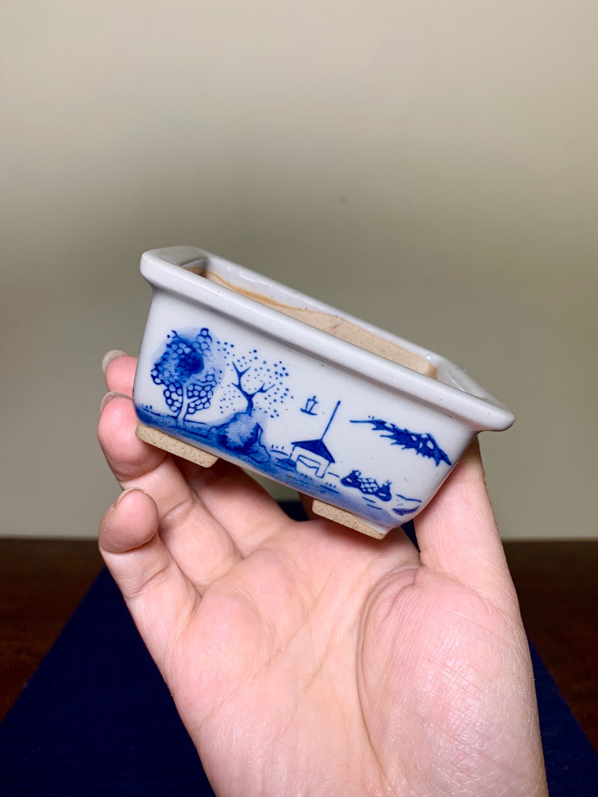 Tōsen, Small Rectangular Japanese Bonsai Pot, Landscape Motif by Marutou