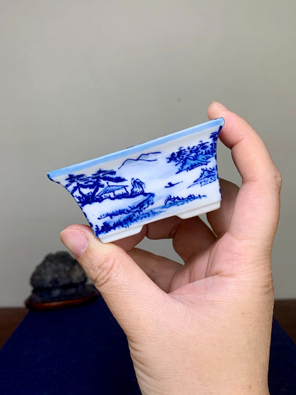 Blue-And-White with Landscape and Seven Treasure Pattern, Rectangular Japanese Pot by Seisan
