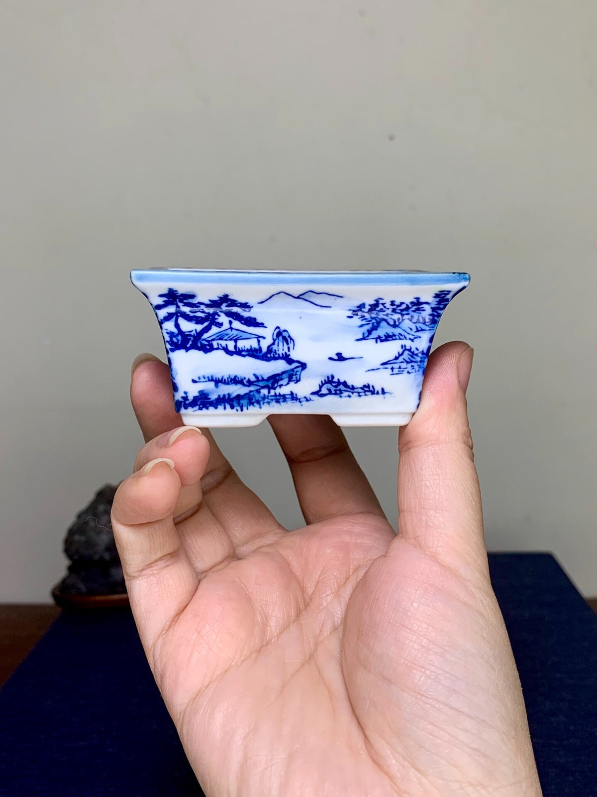 Blue-And-White with Landscape and Seven Treasure Pattern, Rectangular Japanese Pot by Seisan