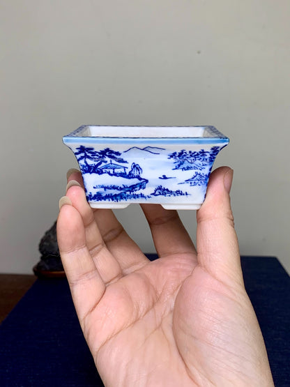 Blue-And-White with Landscape and Seven Treasure Pattern, Rectangular Japanese Pot by Seisan