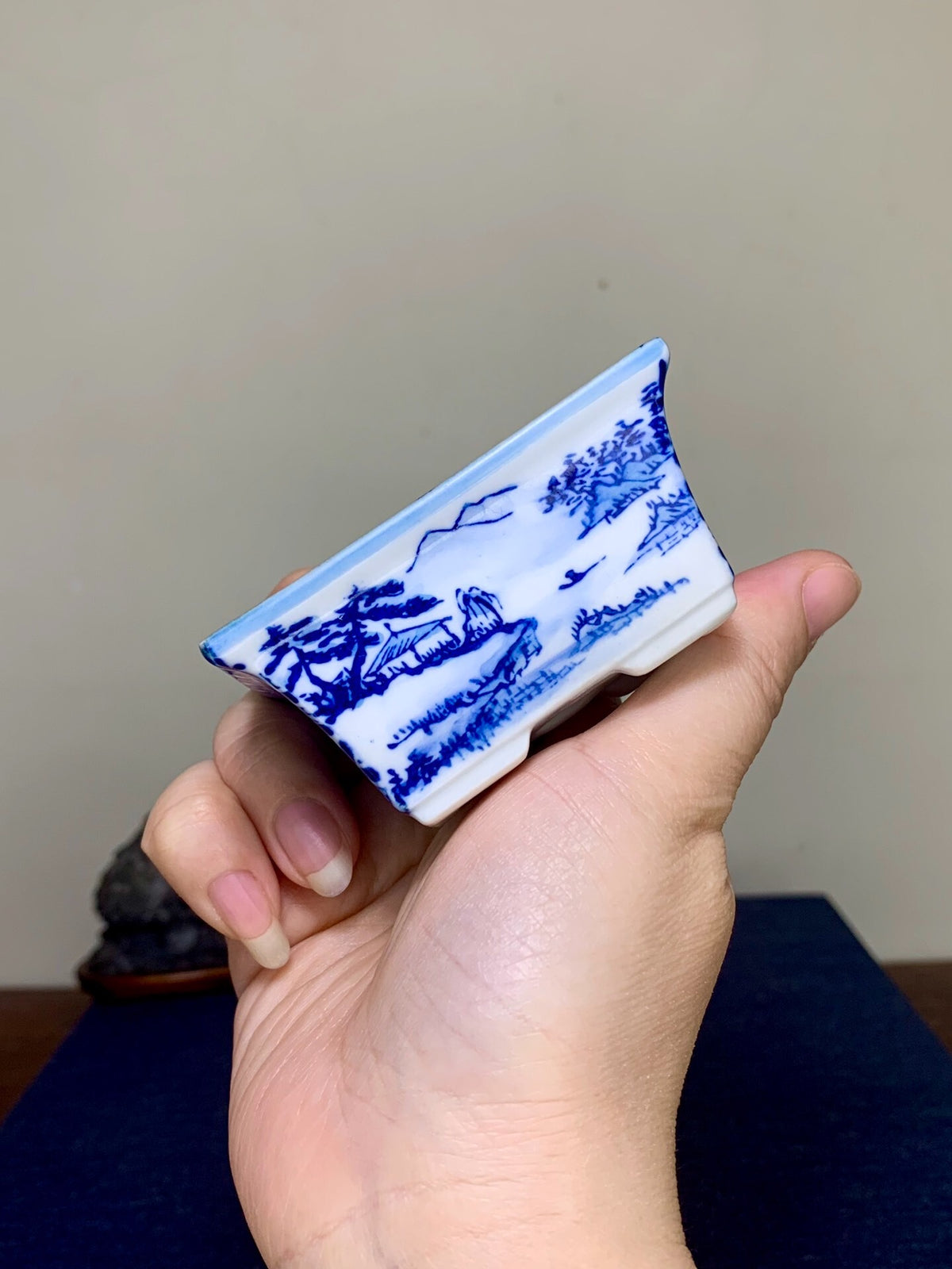 Blue-And-White with Landscape and Seven Treasure Pattern, Rectangular Japanese Pot by Seisan