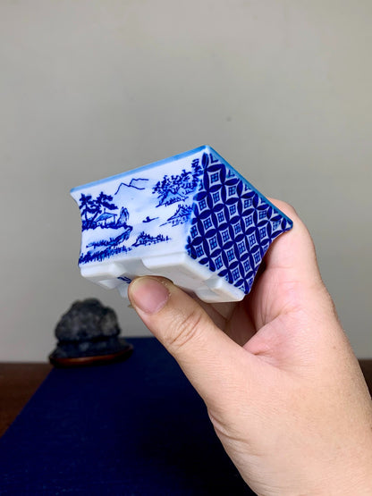 Blue-And-White with Landscape and Seven Treasure Pattern, Rectangular Japanese Pot by Seisan