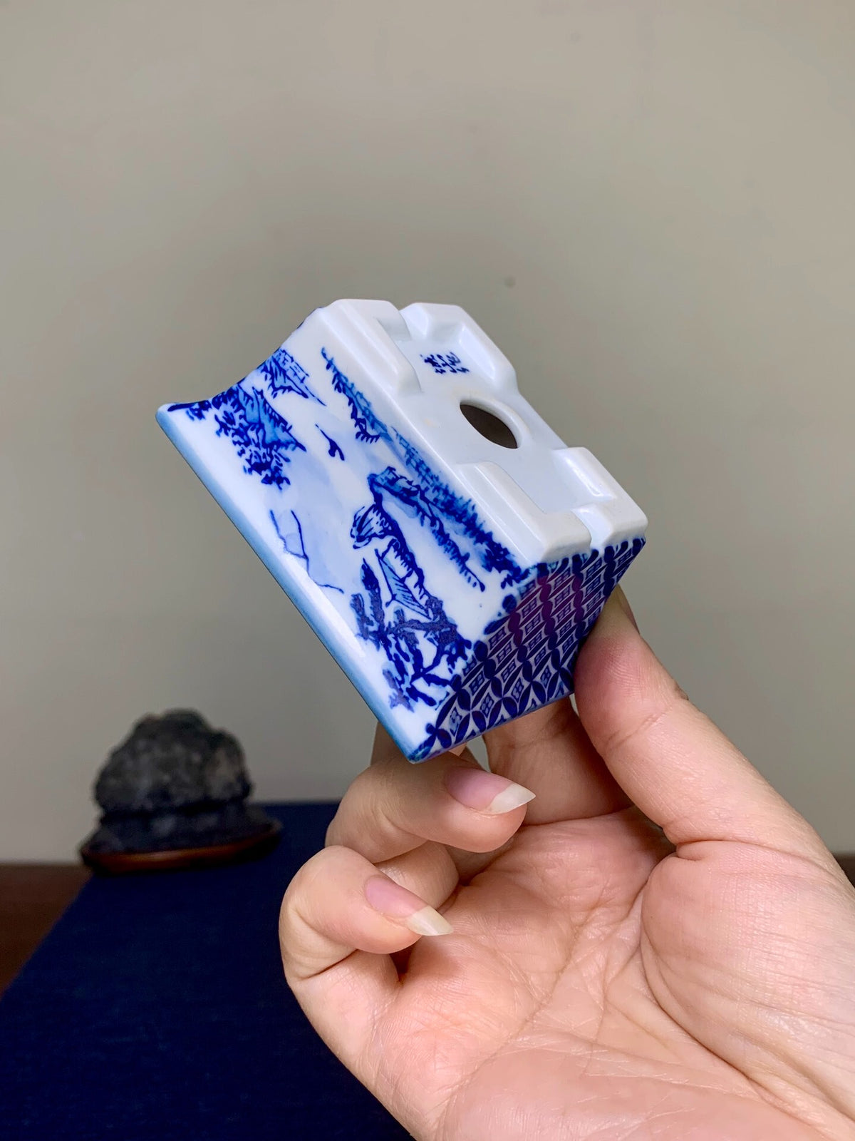 Blue-And-White with Landscape and Seven Treasure Pattern, Rectangular Japanese Pot by Seisan