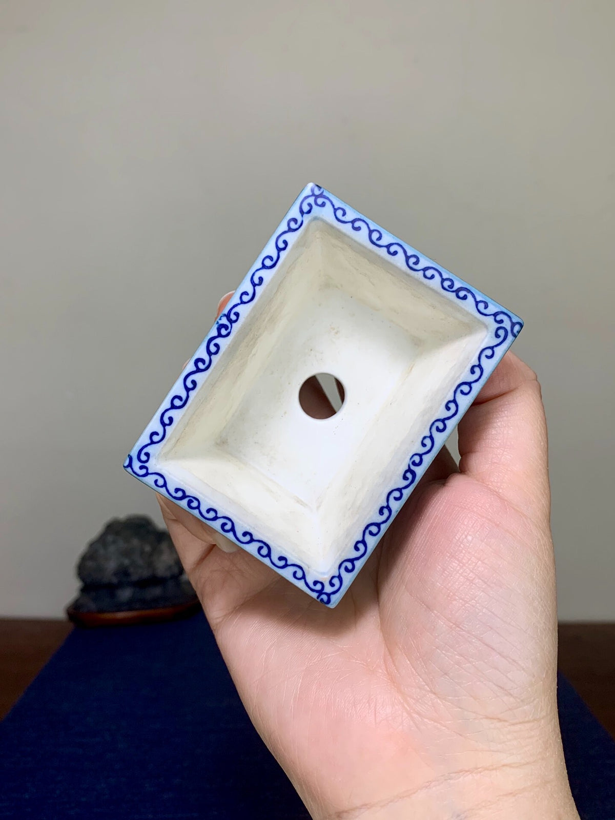 Blue-And-White with Landscape and Seven Treasure Pattern, Rectangular Japanese Pot by Seisan