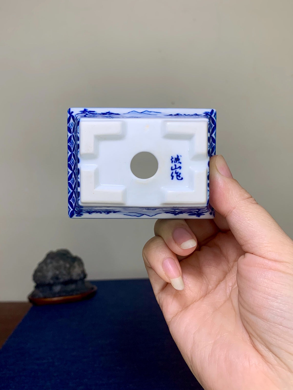 Blue-And-White with Landscape and Seven Treasure Pattern, Rectangular Japanese Pot by Seisan