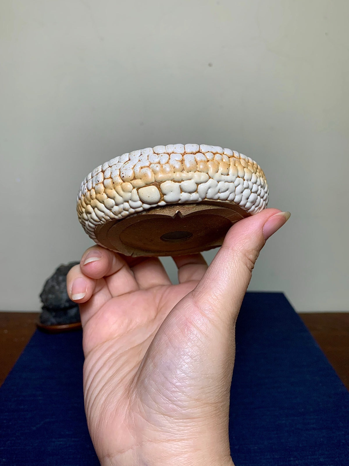 A hand holds a small, round, glazed ceramic pot with a cracked, beige and white textured rim.