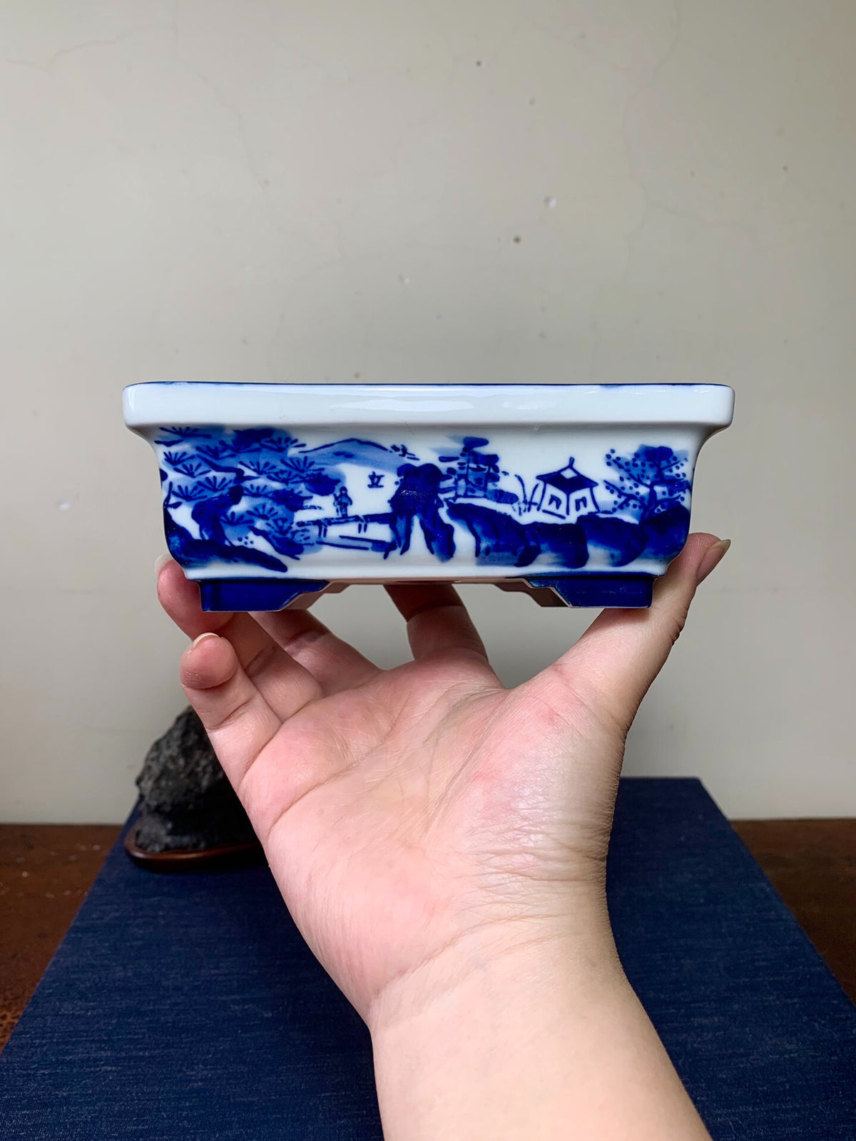 Matsu-Sen, Blue-And-White Painted Landscape Rectangular Pot