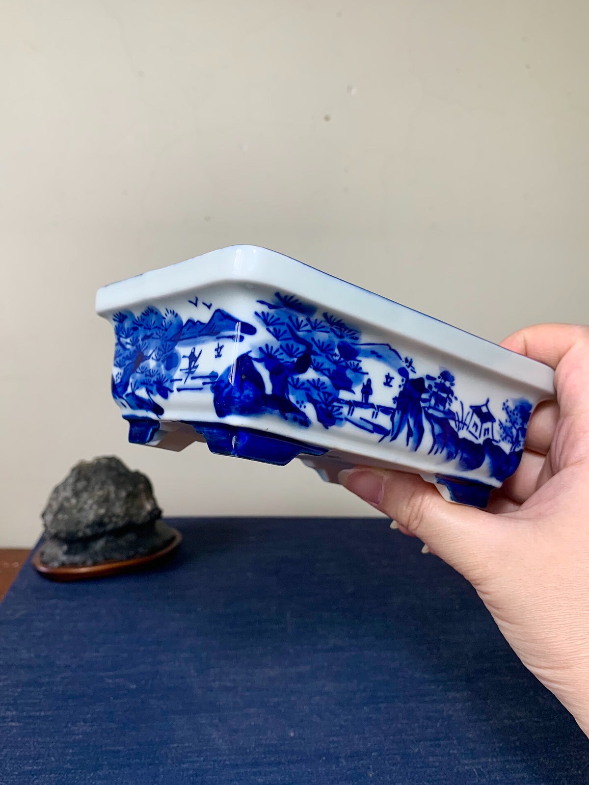 Matsu-Sen, Blue-And-White Painted Landscape Rectangular Pot