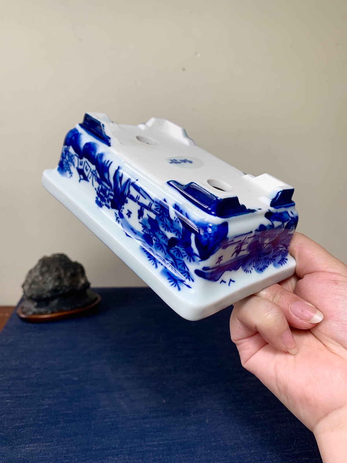 Matsu-Sen, Blue-And-White Painted Landscape Rectangular Pot
