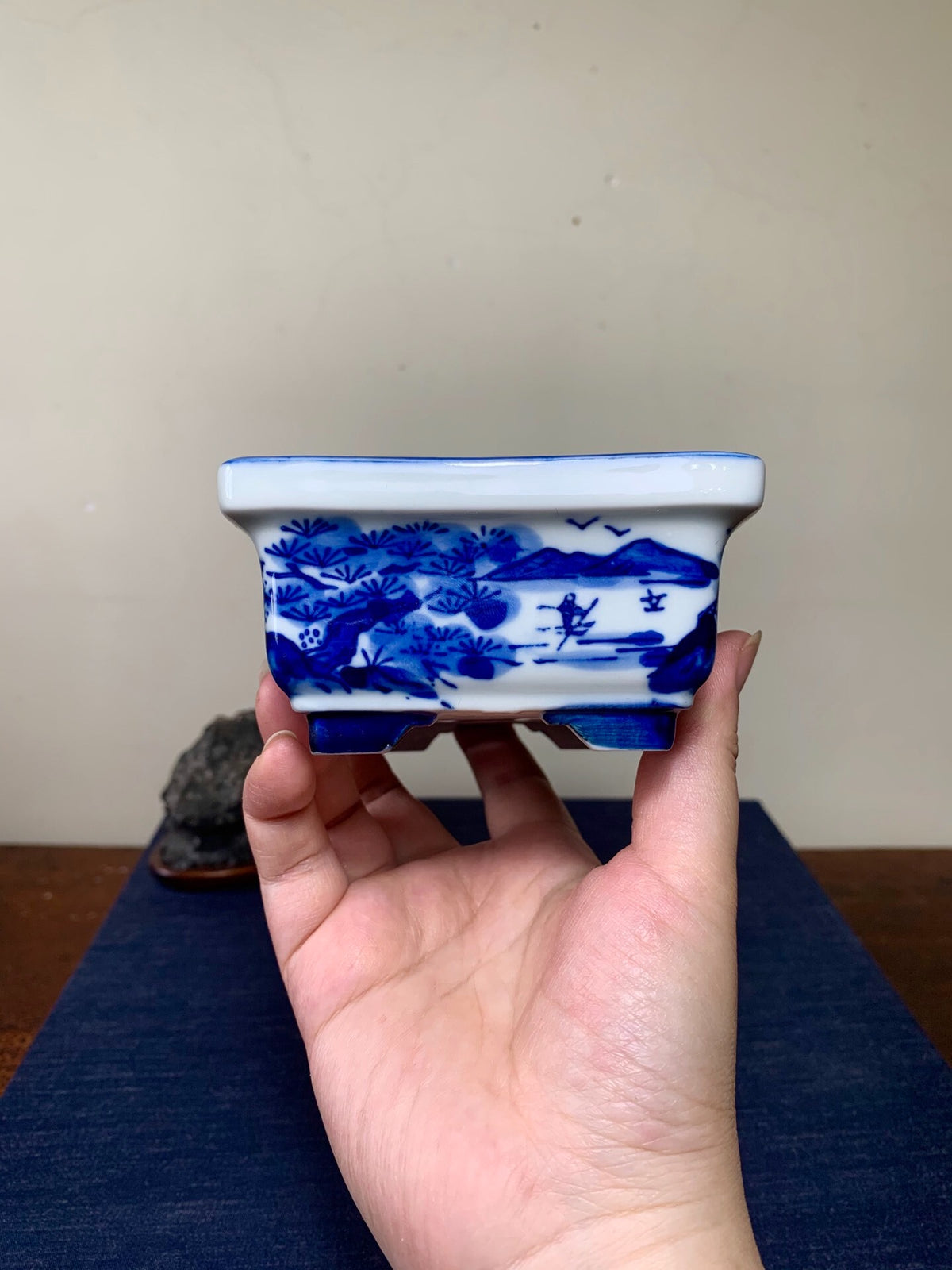 Matsu-Sen, Blue-And-White Painted Landscape Rectangular Pot