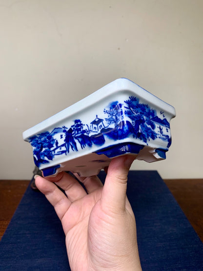 Matsu-Sen, Blue-And-White Painted Landscape Rectangular Pot