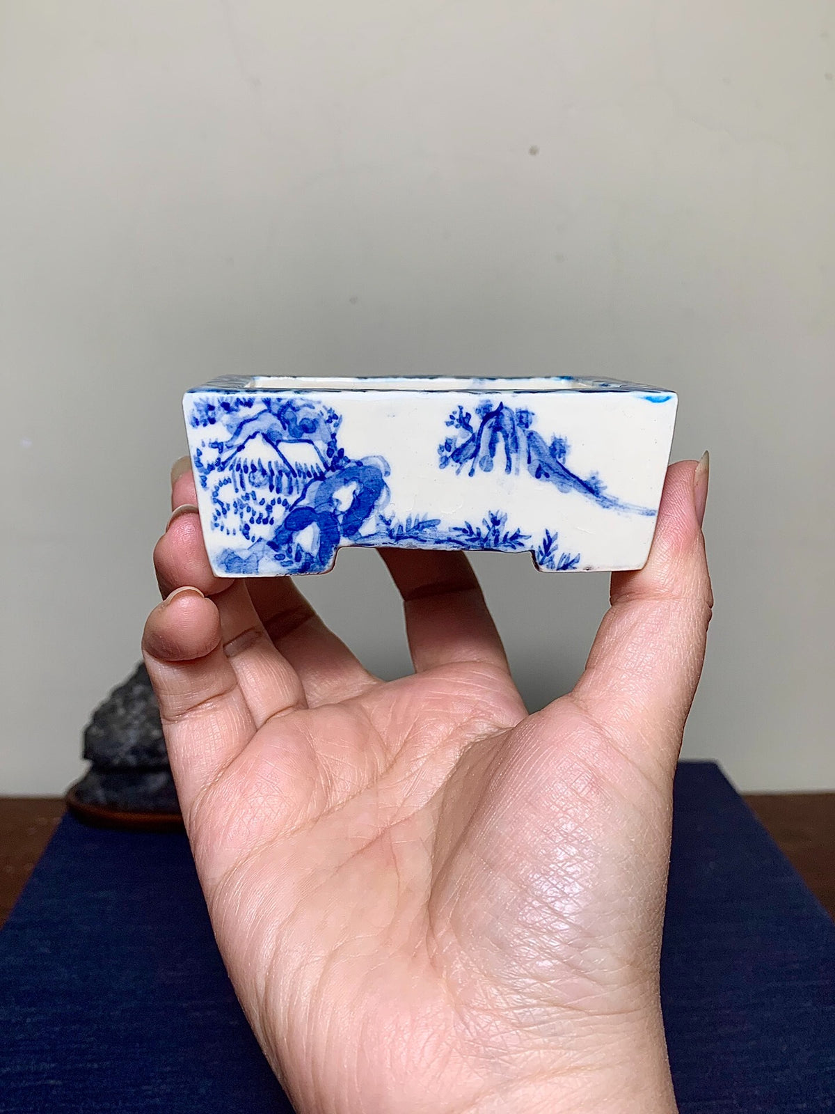Blue-And-White Painted, Cut-Footed Rectangular Japanese Pot by Hanai