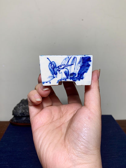 Blue-And-White Painted, Cut-Footed Rectangular Japanese Pot by Hanai