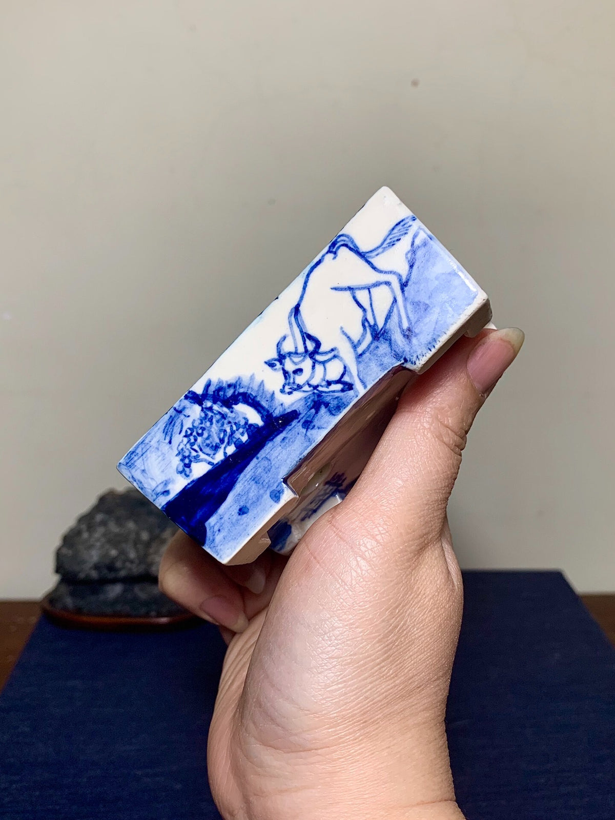 Blue-And-White Painted, Cut-Footed Rectangular Japanese Pot by Hanai