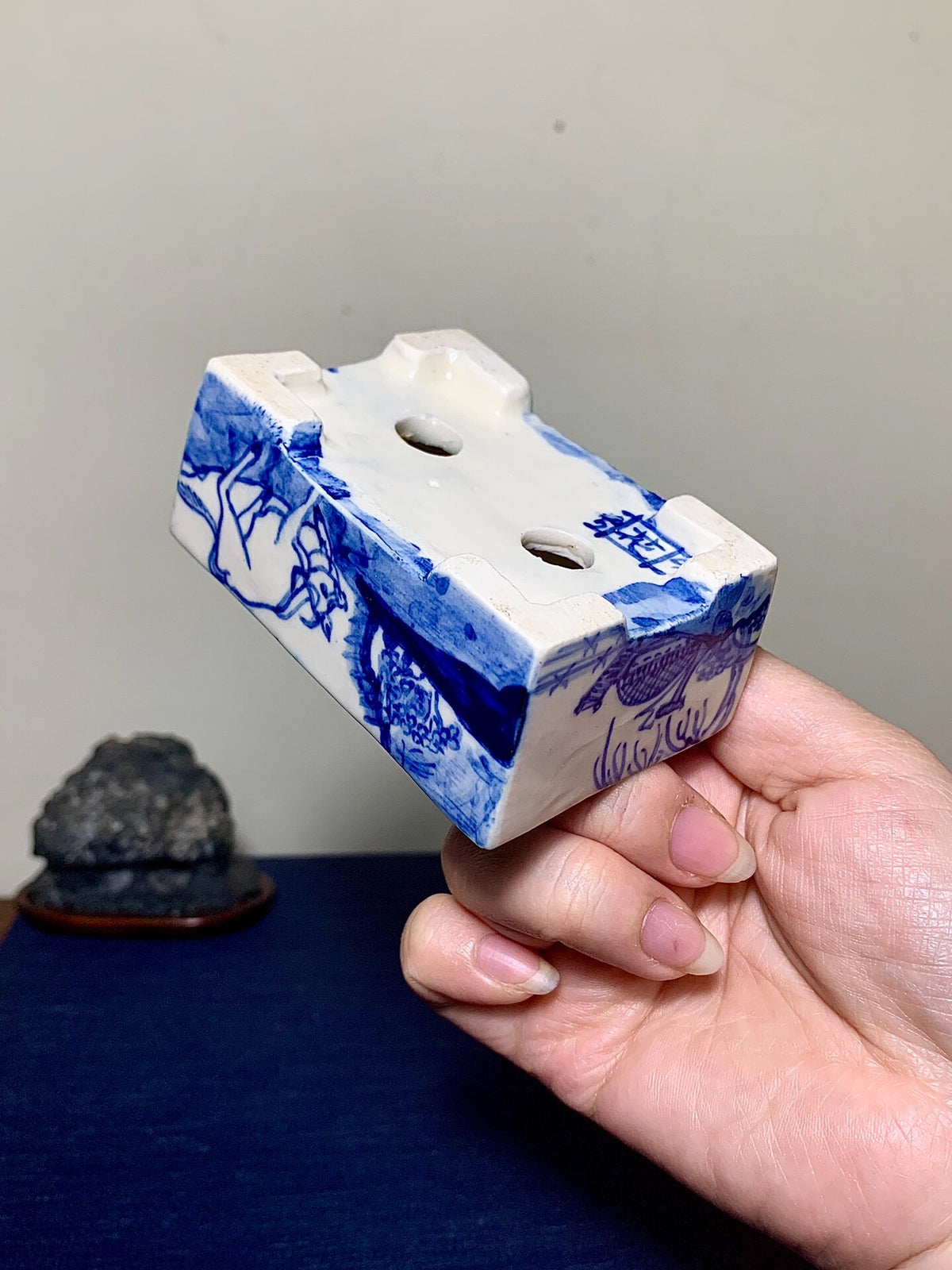 Blue-And-White Painted, Cut-Footed Rectangular Japanese Pot by Hanai
