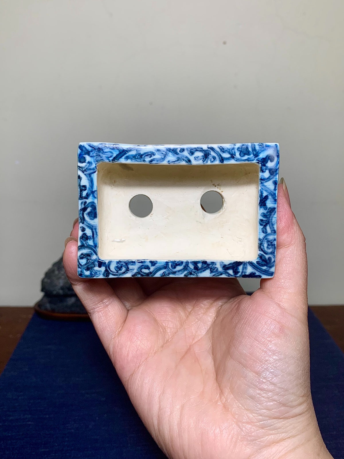 Blue-And-White Painted, Cut-Footed Rectangular Japanese Pot by Hanai