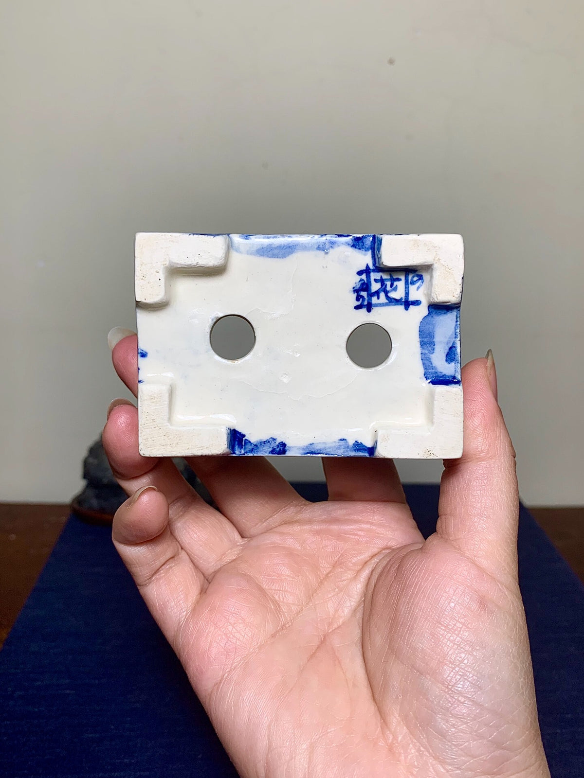 Blue-And-White Painted, Cut-Footed Rectangular Japanese Pot by Hanai