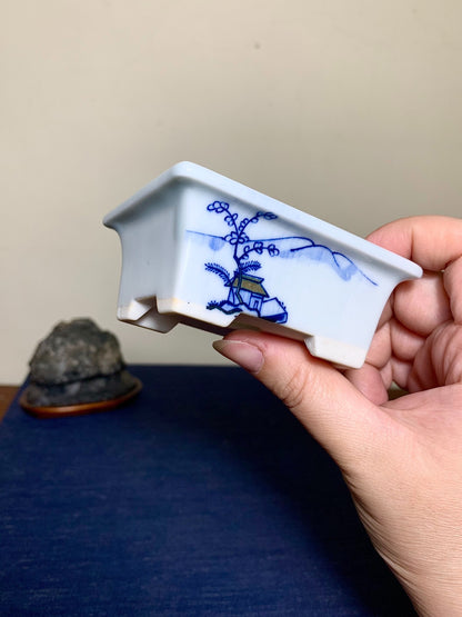 Outer Rim Blue-And-White Painted Landscape, Small Rectangular Japanese Pot by Marutou