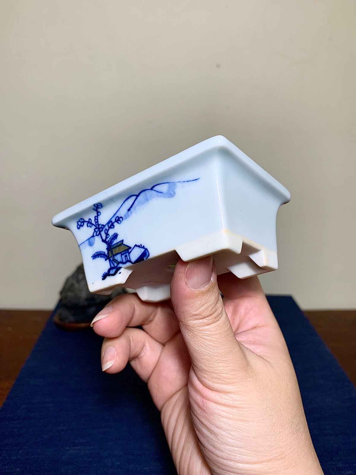 Outer Rim Blue-And-White Painted Landscape, Small Rectangular Japanese Pot by Marutou
