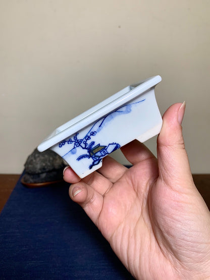 Outer Rim Blue-And-White Painted Landscape, Small Rectangular Japanese Pot by Marutou