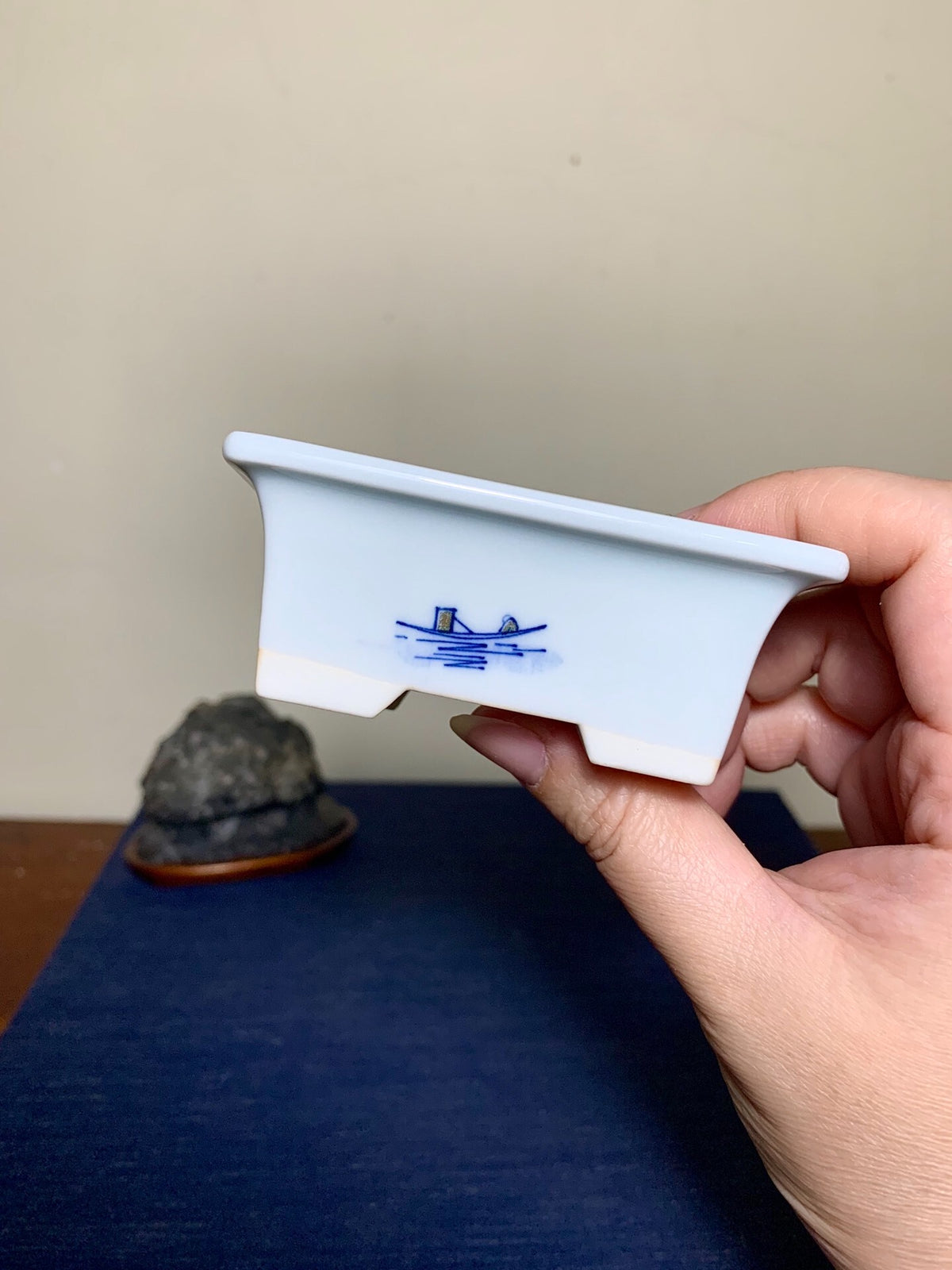Outer Rim Blue-And-White Painted Landscape, Small Rectangular Japanese Pot by Marutou