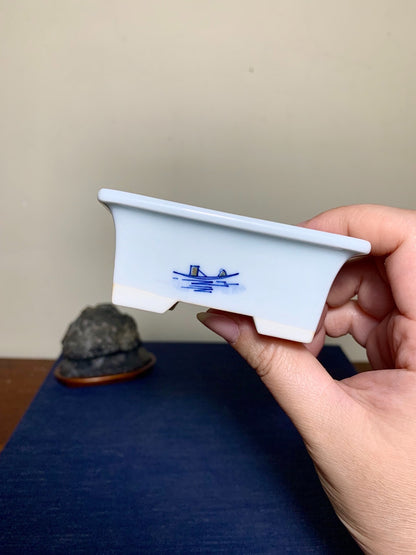 Outer Rim Blue-And-White Painted Landscape, Small Rectangular Japanese Pot by Marutou