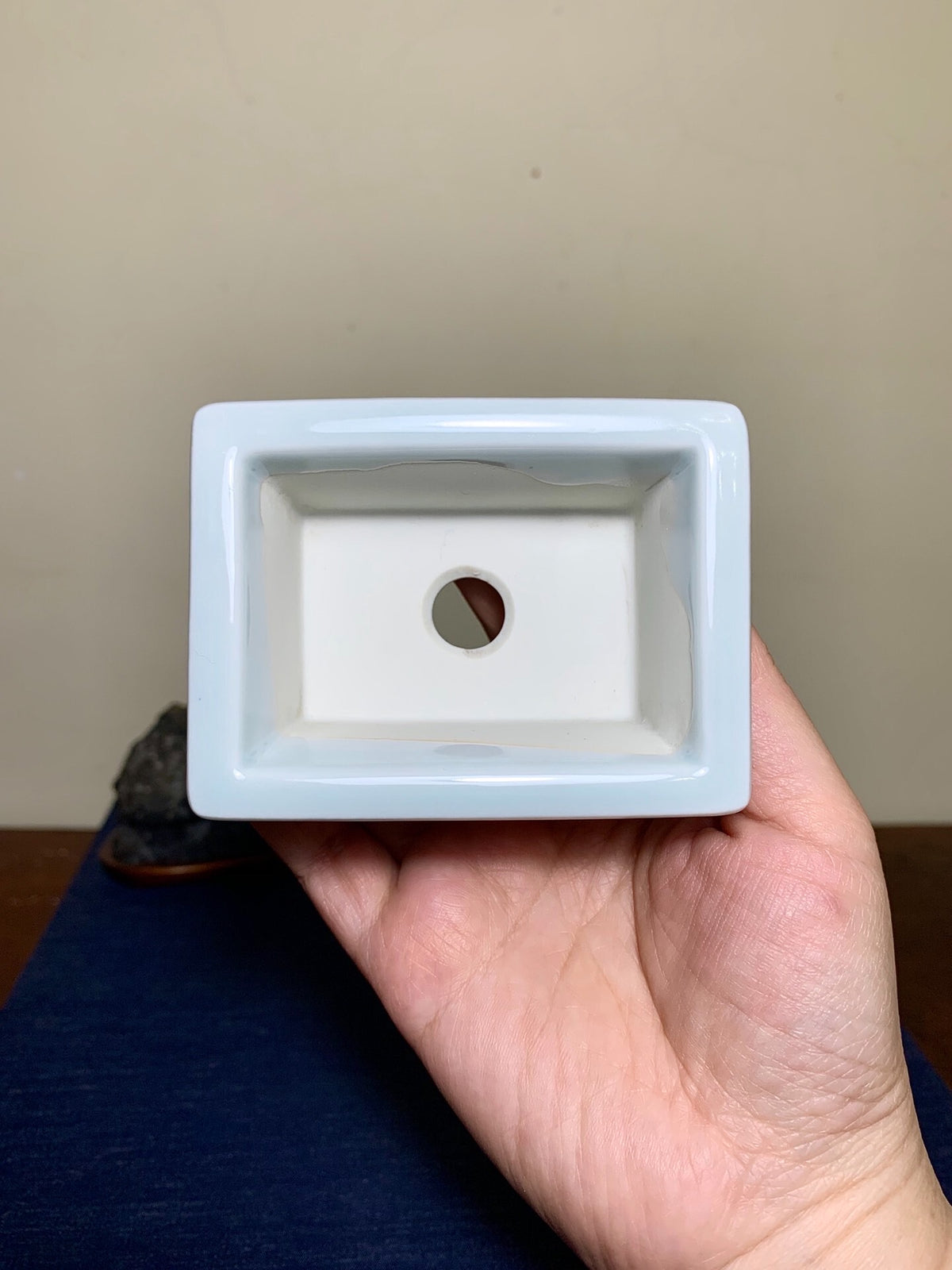 Outer Rim Blue-And-White Painted Landscape, Small Rectangular Japanese Pot by Marutou