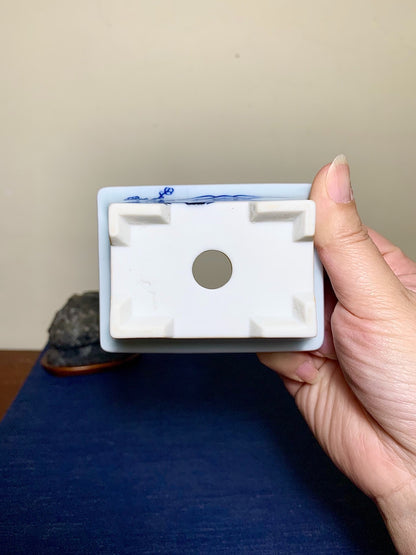 Outer Rim Blue-And-White Painted Landscape, Small Rectangular Japanese Pot by Marutou