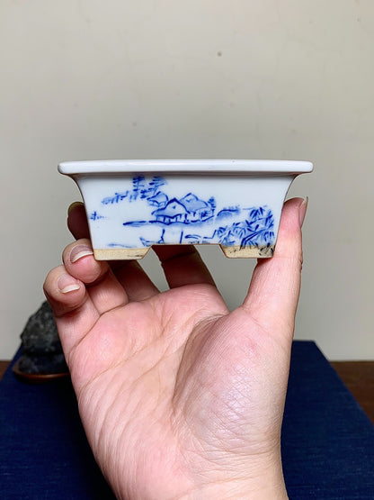 Outer Rim Blue-And-White Painted Landscape, Small Rectangular Japanese Pot by Marutou