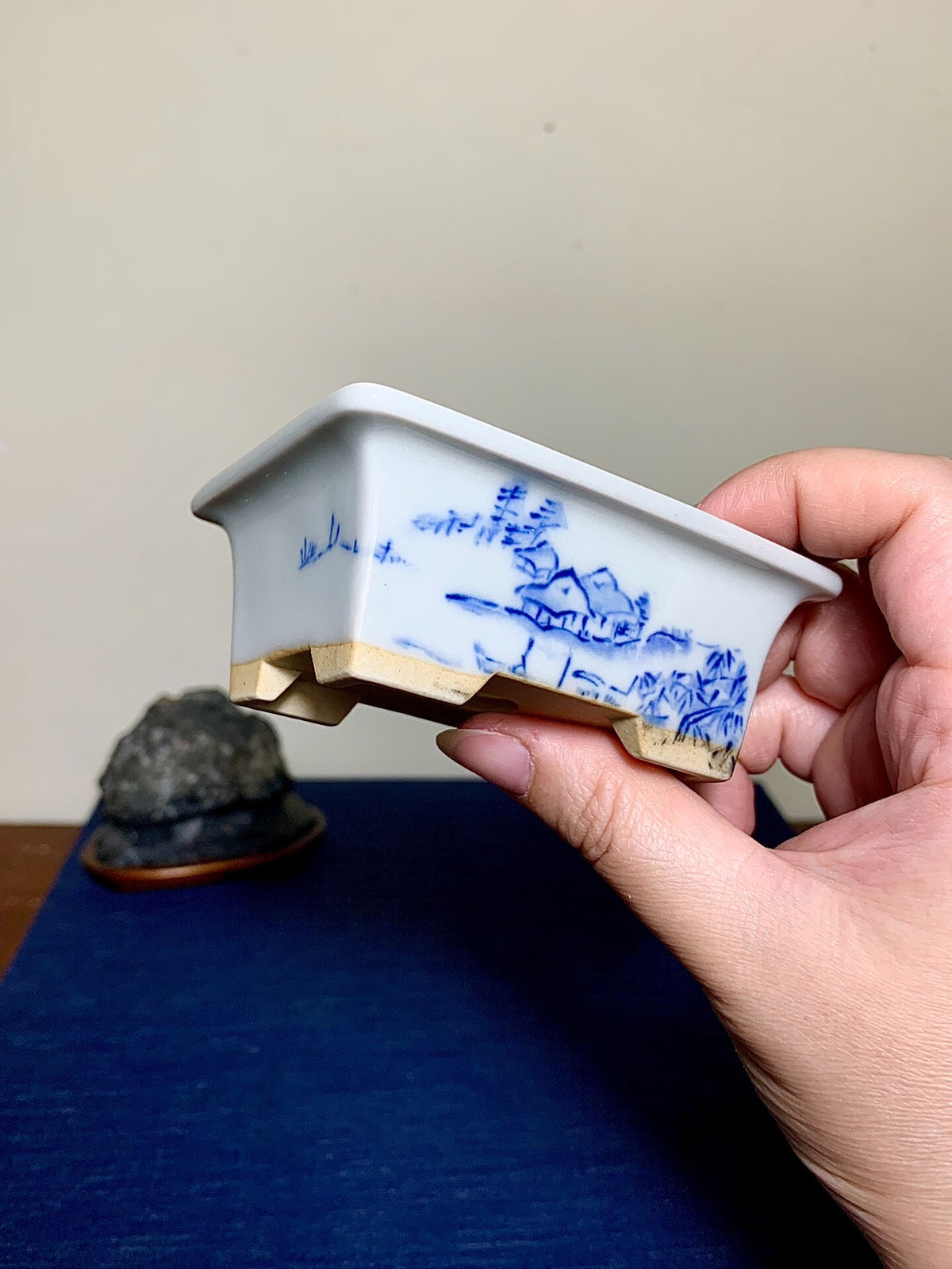 Outer Rim Blue-And-White Painted Landscape, Small Rectangular Japanese Pot by Marutou