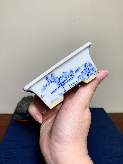Outer Rim Blue-And-White Painted Landscape, Small Rectangular Japanese Pot by Marutou