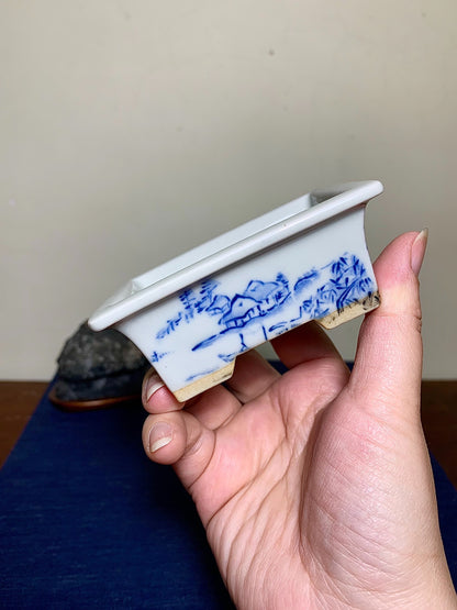 Outer Rim Blue-And-White Painted Landscape, Small Rectangular Japanese Pot by Marutou