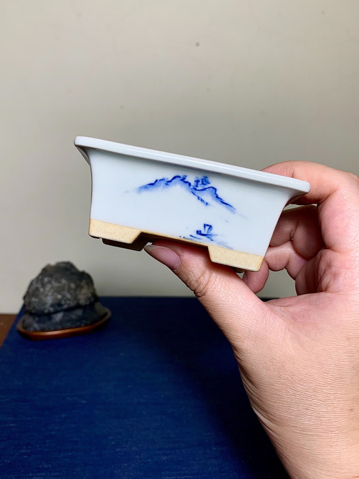 Outer Rim Blue-And-White Painted Landscape, Small Rectangular Japanese Pot by Marutou