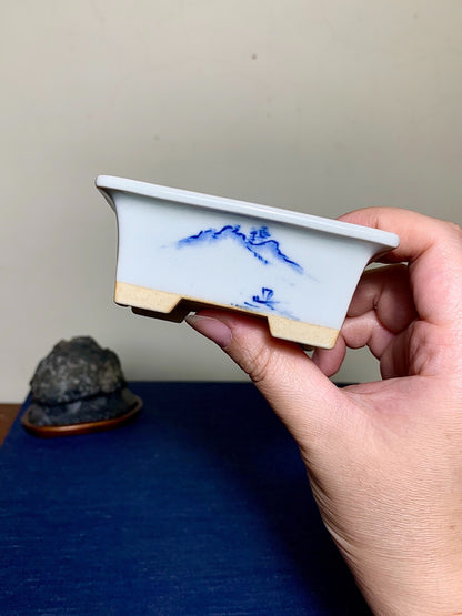 Outer Rim Blue-And-White Painted Landscape, Small Rectangular Japanese Pot by Marutou