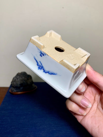Outer Rim Blue-And-White Painted Landscape, Small Rectangular Japanese Pot by Marutou