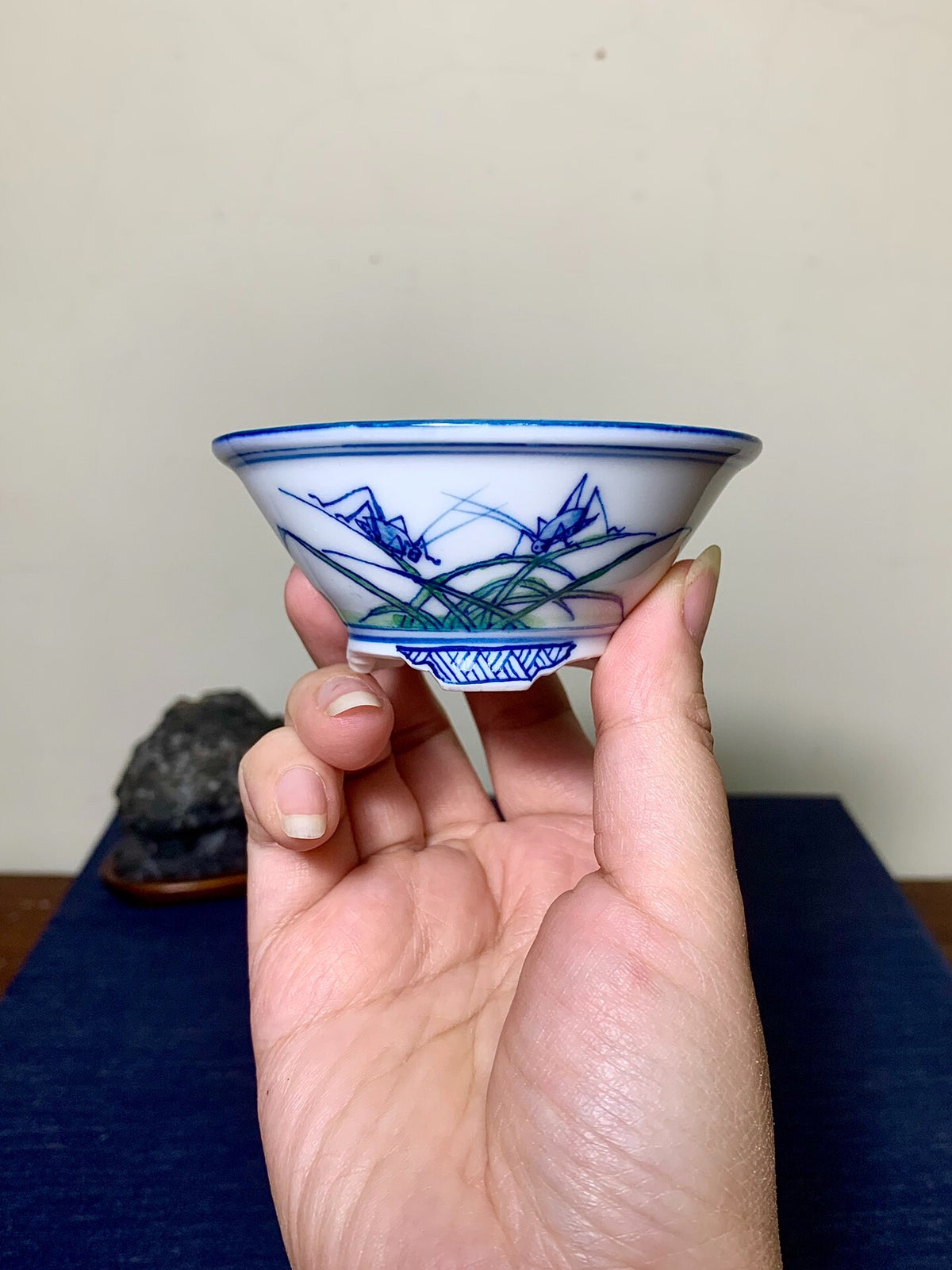 A hand holds a small white bowl with blue and green painted grass and insect motifs.