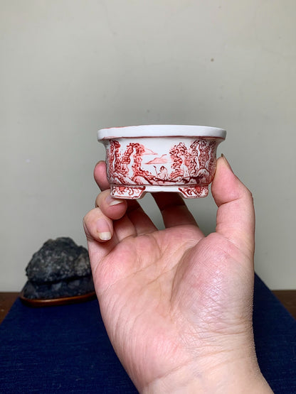 Ushū Katsuyama Red-Painted Landscape with Visitors, Japanese Bonsai Pot