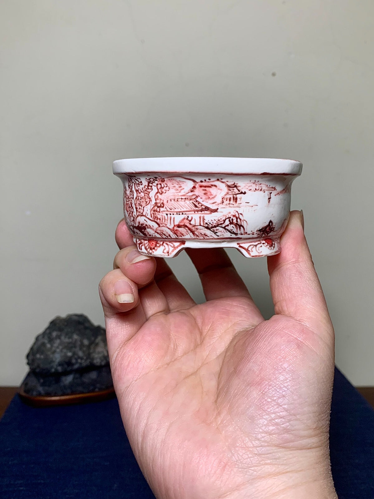 Ushū Katsuyama Red-Painted Landscape with Visitors, Japanese Bonsai Pot