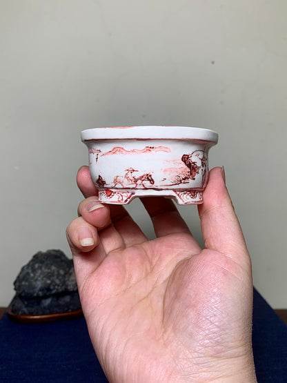 Ushū Katsuyama Red-Painted Landscape with Visitors, Japanese Bonsai Pot